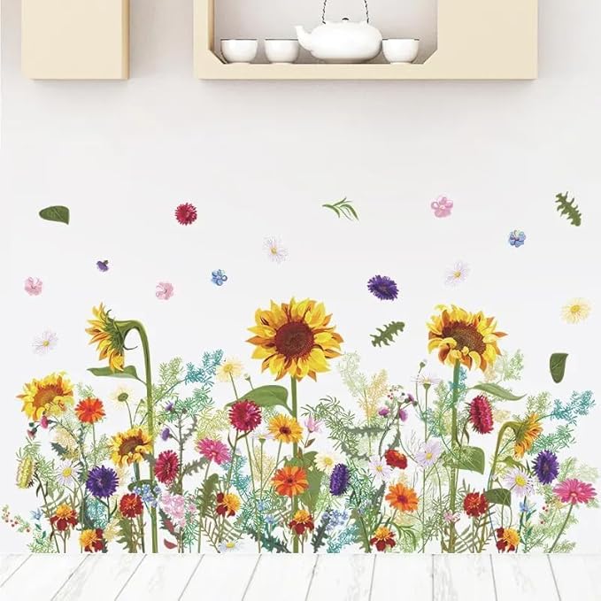 12x36 Inch Set - Floral Wall Decals for Decor, Watercolour Weeds Wildflower Wall Stickers Decals, Colorful Flower Floral Wallpaper Mural for Nursery Kitchen Home (Floral Design #8)