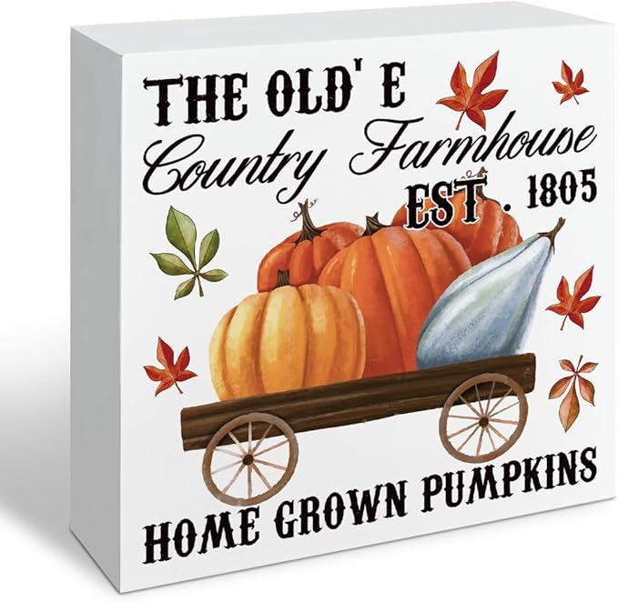 Country Style Fall Decor, Pumpkin Harvest Decors, Autumn Artwork, Farmhouse Home Farm Decors for Table Shelf, Rustic Wooden Box Sign, The Old's Country Farmhouse Wood Signs A4