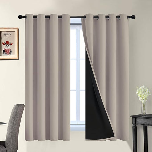 Yakamok 100% Blackout Curtains 63 Inches Long, 2 Thick Layers Heat and Full Light Blocking Soft Thermal Insulated Drapes for Bedroom(52" Wide Each Panel, Natural, 2 Panels)
