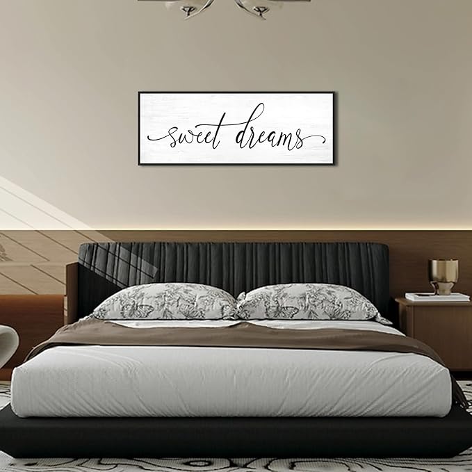 Sweet Dreams Wall Decor Above Bed: 40''×15'' Farmhouse Bedroom Canvas Wall Art Large Framed Sweet Dreams Sign,Modern Guest Room Master Bedroom Picture Black Wall Decorative Hanging Plaque