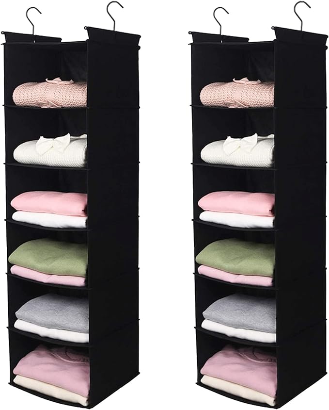 MAX Houser 6 Tier Shelf Hanging Closet Organizer, Closet Hanging Shelf with 2 Sturdy Hooks for Storage, 2 Pack, Foldable (Black)