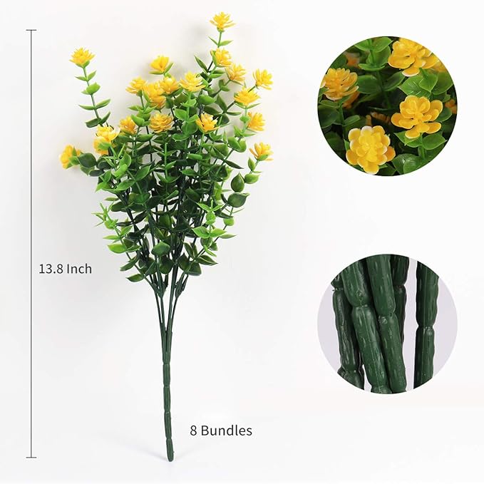 RECUTMS 8 Branches Artificial Flowers Faux Plants, Lifelike UV Resistant Fake Eucalyptus Plants for Garden, Patio Yard, Wedding, Office and Farmhouse Indoor Outdoor Decor (Yellow)