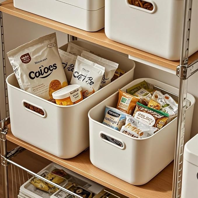 DOUKE White Plastic Storage Bins with Lids, 16qt & 8qt Stackable Storage Containers for Toys Crafts Snack, Aesthetic Lidded White Storage Baskets for Closet Shelves Pantry Office Playroom(4M+2S)