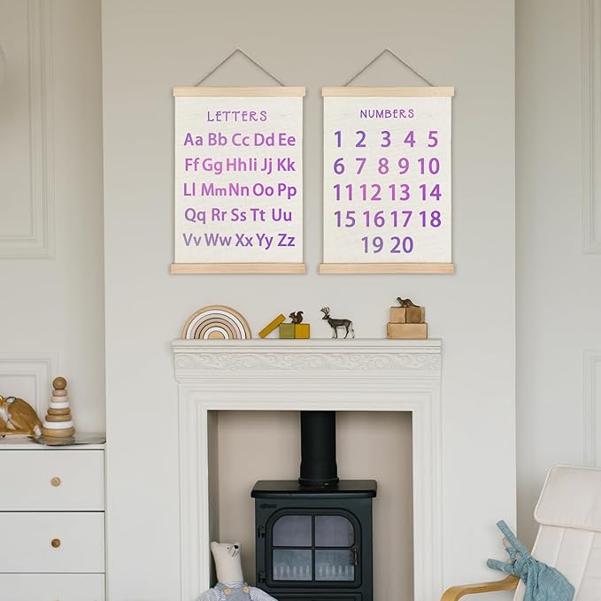 Supwhd Classroom Wall Decor, Numbers and Alphabet Educational Wall Art Poster, Alphabet ABC Numbers from 1 to 20 Poster Wall Decor for Toddler Kids Room Playroom Classroom, 12x16 Set of 2（Purple）