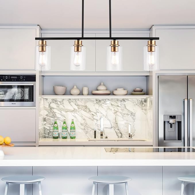 Kitchen Island Light, 4-Light Pendant Lighting, Farmhouse Industrial Dining Room Light Fixtures for Kitchen Island Dining Living Room, Matte Black Gold with Clear Glass Shade