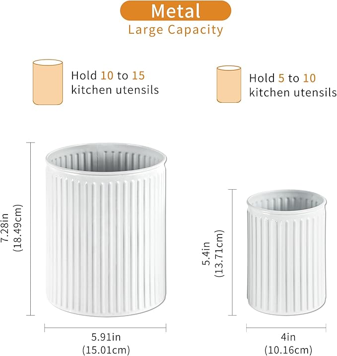 2 Pack Metal Utensil Holder for Kitchen Counter, 7.3"+5.4" Large Cooking Utensil Organizer Vertical Stripe Pattern Embossed Utensil Caddy for Party Cutlery Tool Holder Storage, White
