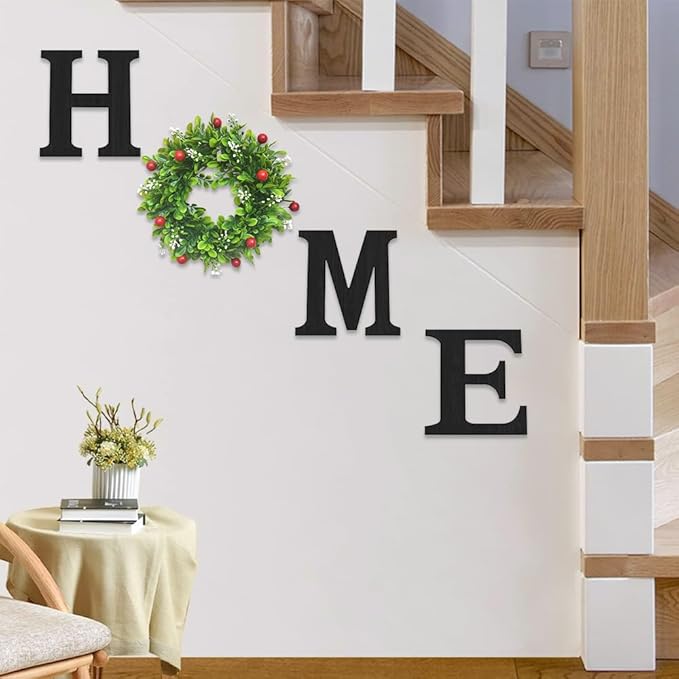 Wooden Home Sign with Artificial Boxwood Wreath for O, Hanging Farmhouse Wall House Decor Wood Letters for Wall Art Rustic Home Decor, Wall Decor for Living Room Kitchen Entryway