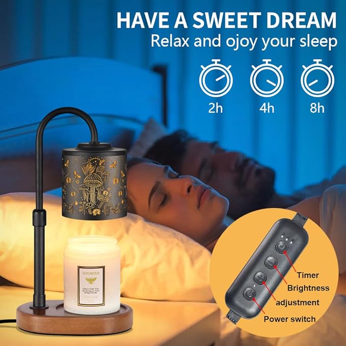 Dimmable Candle Warmer Lamp with Timer Adjustable Height for Scented Jar Candles Electric Candle Wax Melt Warmer for Home Decor Christmas Birthday Gifts for Women Mom(Mushrooms+Bees)