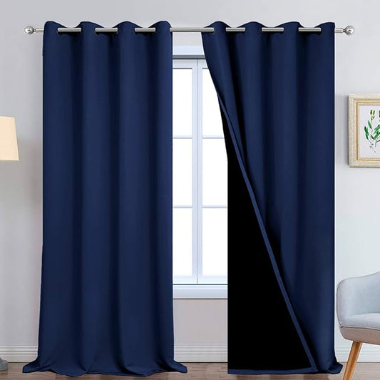 Yakamok 100% Blackout Curtains Energy Saving Thermal Insulated 2 Thick Layers Completely Blackout Drapes with Black Liner for Bedroom (52Wx108L, Navy Blue, 2 Panels)