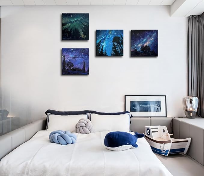 Blue Starry Night Canvas Wall Art Forest Tree Paintings Decor Abstract Nature Landscape Artwork Poster Prints Colorful Space Northern Lights Pictures Decoration for Bedroom Living Room Bathroom Office