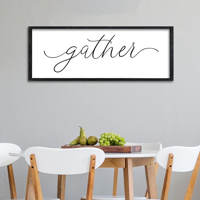 Surfapans Dining Room Wall Decor Gather Sign 32"×12" for Family Gathering Rustic Farmhouse Kitchen Vintage Simple Large Modern Plaque Wood Framed Home Horizontal Hanging Art (Black)