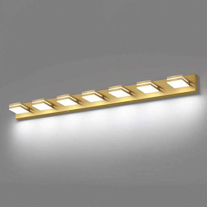 SineRise LED Modern Bathroom Vanity Light Fixtures (7-Light, 55-Inch), Brass Modern Acrylic Bathroom Wall Lighting Fixtures Over Mirror (Cool White 6000K)
