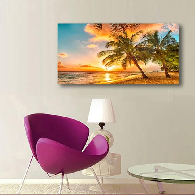 Beach Themed Wall Art Canvas Prints Seascape Picture Bathroom Décor Ocean Tree Sunset Paintings for Living Room Bedroom Office Home Kitchen Decorations 24x48 Wooden Framed Natural Landscape Artwork