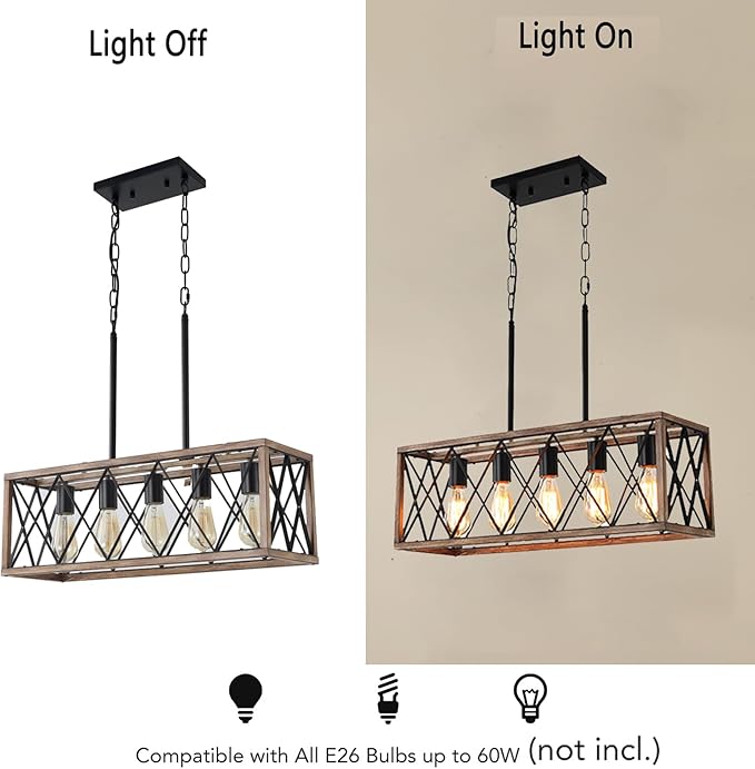 Farmhouse Light Fixtures,5-Light Dining Room Light Fixture,Height Adjustable, Industrial Metal Kitchen Pendant Lighting Over Island, Chandelier for Dining Table Kitchen Sink, Wood Grain Finish.