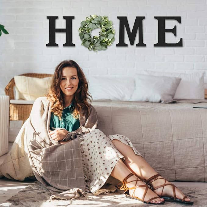 Wood Home Sign with Artificial Eucalyptus Wreath for O, Hanging Farmhouse Wall House Decor - Wood Letters for Art Rustic Home Decor, Wall Decor for Living Room Kitchen Entryway Gift (Black L)