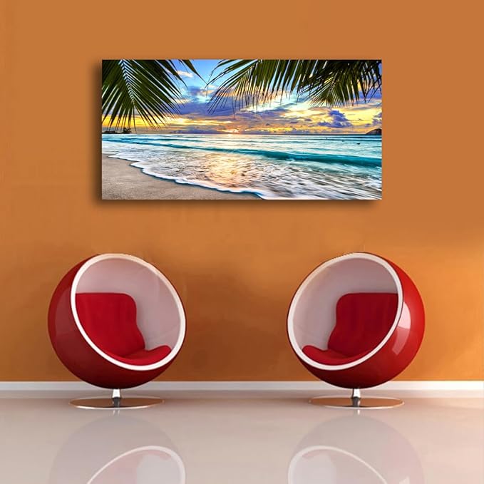 Beach Pictures Canvas Wall Art for Living room Bedroom Wall Decor,Sunset and Beautiful clouds Wall Art Print Paitnings for home Decor,Morden Artwork Waves Canvas Art Waterproof Stretched Ready to
