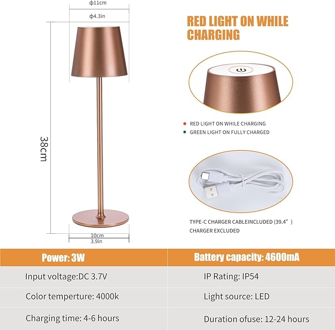 2Pack Cordless Table Lamps USB Rechargeable Simplicity Desk Lamp Built-in 4600 mAh Battery LED Battery Operated lamp with Touch Control Table lamp - Bedroom/Desk/Reading/Patio(Brown)