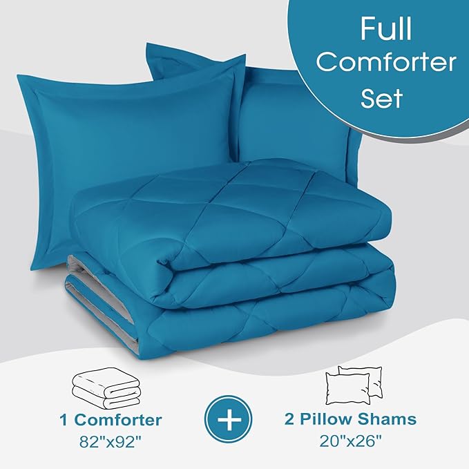 Basic Beyond Full Size Comforter Set - Blue Comforter Set Full, Reversible Comforter Full Size Set, 1 Comforter (82"x92") and 2 Pillow Shams (20"x26"+2")