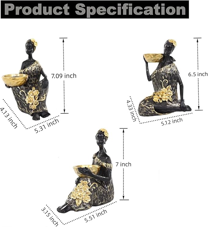 African Lady Candle Holder Set of 3 – Resin Figurines with Gold Bowls for Tea Light or Small Pillar Candles – Decorative African Women Statues for Home, Shelf, or Table Centerpiece