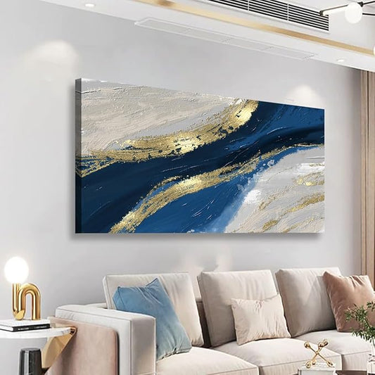 Golden Abstract Wall Art Bedroom Wall Decor Living Room,Blue Canvas Wall Art Office Farmhouse Paintings Artwork Modern Blue White Boho Wall Art Prints Pictures 20 * 40inch