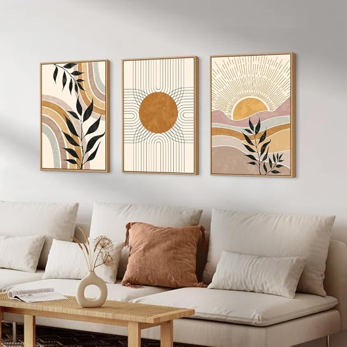 HPINUB Boho Framed Canvas Wall Art Prints, Set of 3 Mid Century Modern Wall Decor, Nature Plants Desert Sun Art Paintings, Bohemian Artwork for Living Room, Bedroom, Dining Room, Office - 24"x36"x3