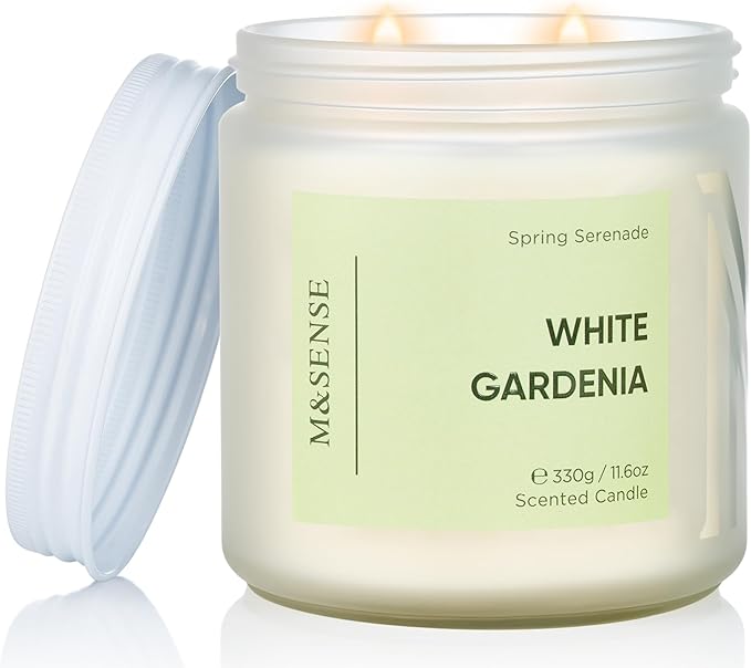 M&SENSE White Gardenia Scented Candle - 11.6oz Natural Soy Wax 70-Hour Long Lasting Burn Time Non Toxic, 2-Wick Spring Flower Candle for Home Decor Slow-Burning Aromatherapy Gifts