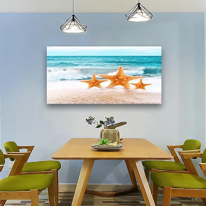 Beach Canvas Wall Art for Living room Office Bedroom Ocean Wall Art Print Oil Paintings Modern Sea Waves Starfish Pictures Blue Wall Decor Artwork Waterproof Ready to Hang - 20in * 40inch