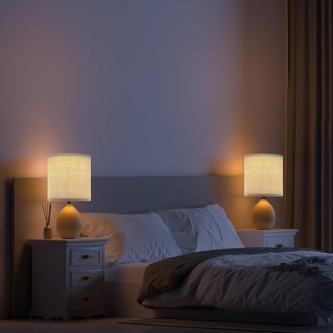 18.5" Table Lamp Set of 2 for Living Room Bedroom, Bedside Lamps for Night Stands, Desk Nightstand Lamp Dimmable, Modern Linen Cream Ceramic Lamps