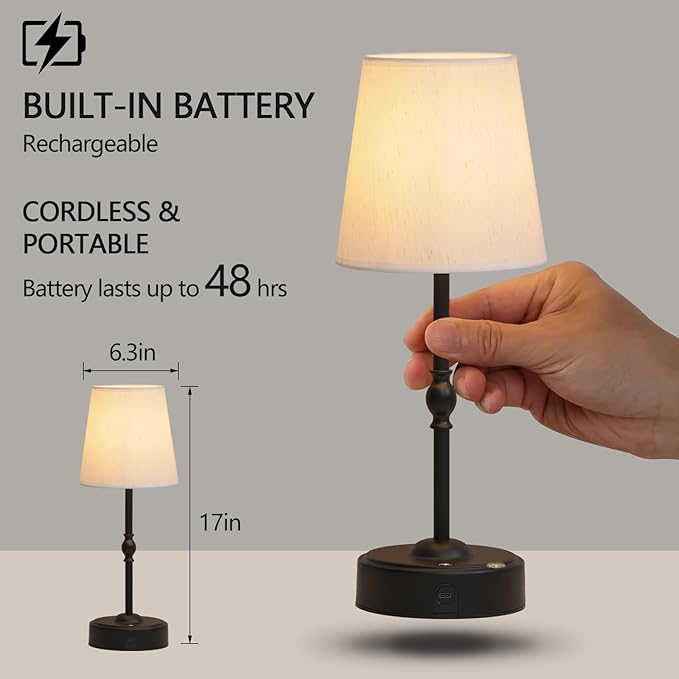 Cordless Rechargeable LED Table Lamp with Dimmer,Black Portables Desk Lamp,Small Bedside Lamp,Battery Operated Lamp for Patio Balcony Corner Camping Bar RV