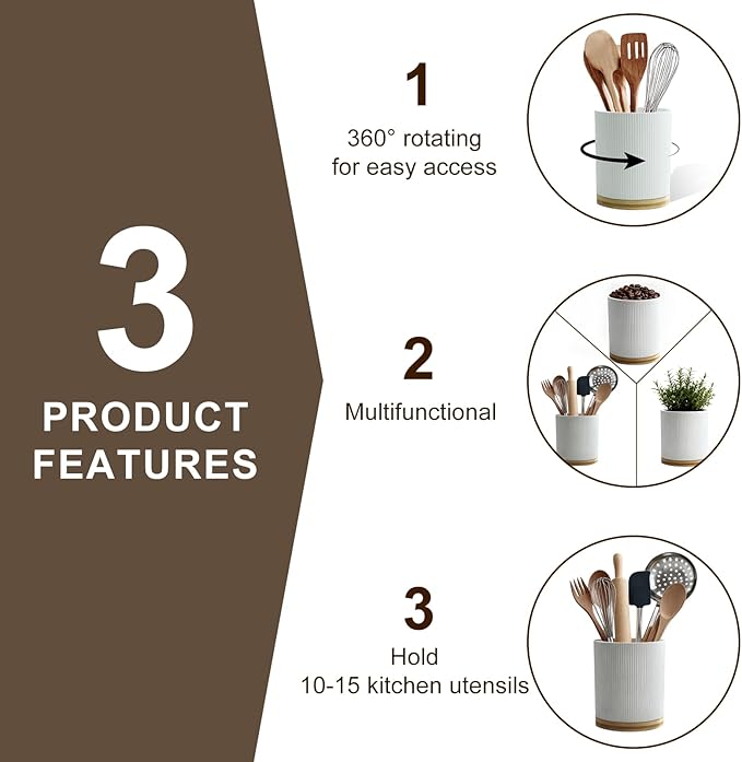 Ceramic Utensil Holder, 7.76" 3.5L Wooden Non-Slip Base 360°Rotating Design for Kitchen Countertop Farmhouse Decor (white)