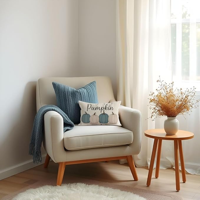 PANDICORN Fall Throw Pillow Covers 12x20, Dusty Blue Pumpkin Decorations for Home Decor, Outdoor Thanksgiving Autumn Lumbar Decorative Cushion Case for Living Room Bedroom Sofa Couch Porch