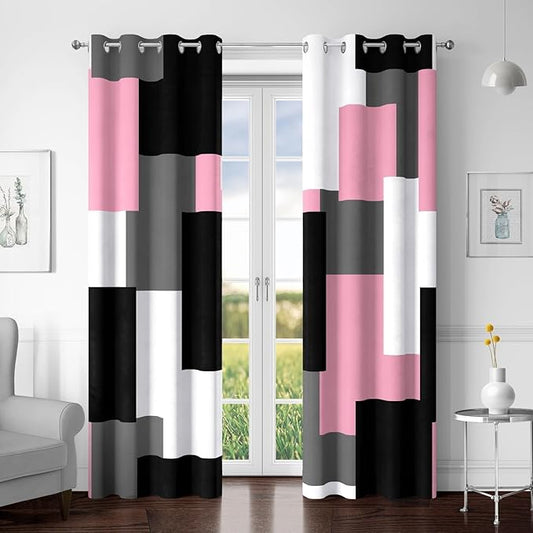 Pink 100% Blackout Curtains for Bedroom 84 inch Length 2 Panels Set White Grey Modern Abstract Geometric Black Out Curtains Insulated Room Darkening Window Drapes for Girls Living Room, 52Wx84L