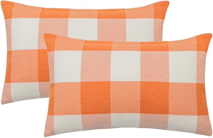 MIULEE Fall Throw Pillow Covers Pack of 2 Classic Farmhouse Buffalo Check Plaids Linen Soft Solid Orange and White Decorative Outdoor Cushion Case for Sofa Bedroom 12 x 20 Inch 30 x 50 cm