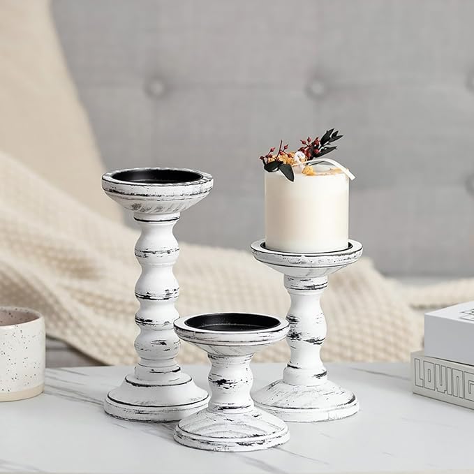 Wood Candle Holders for Pillar: Rustic Candles Holder Set of 3 Table Centerpiece Decor Wooden White Farmhouse Decorations for Fireplace Mantle
