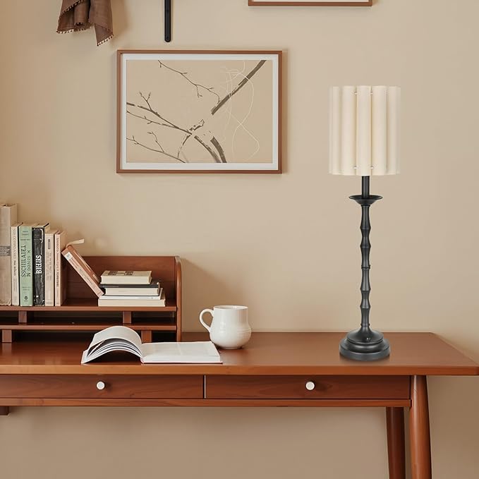 Vintage Black 28.9'' Tall Scalloped Table Lamp Pack of 2, Rustic/Farmhouse Buffet Lamp, Bamboo Lamp Joint Base, for Living Room Bedside Side Table