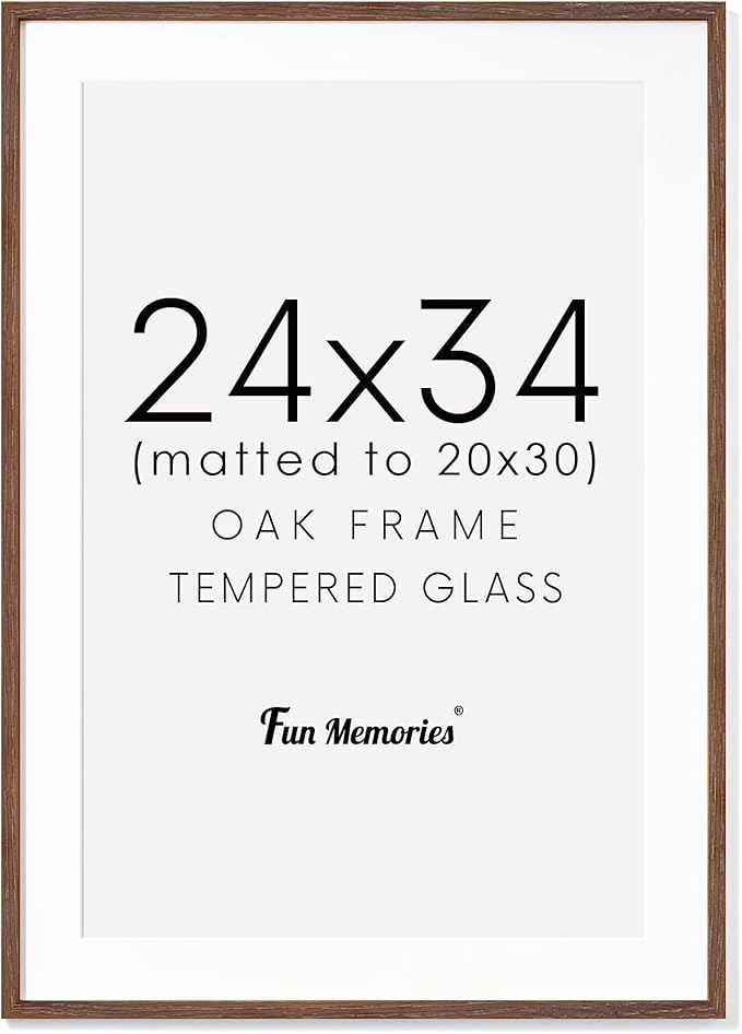 24x34 Oak Wood Picture Frame, 24"x34" Poster Frame for Wall, 24 x 34 Frame with Mat for 20x30, Rustic Wood Frame 24 x 34 with Real Glass, 24 by 34 Large Photo Frame (Walnut Color, 1 Pack)