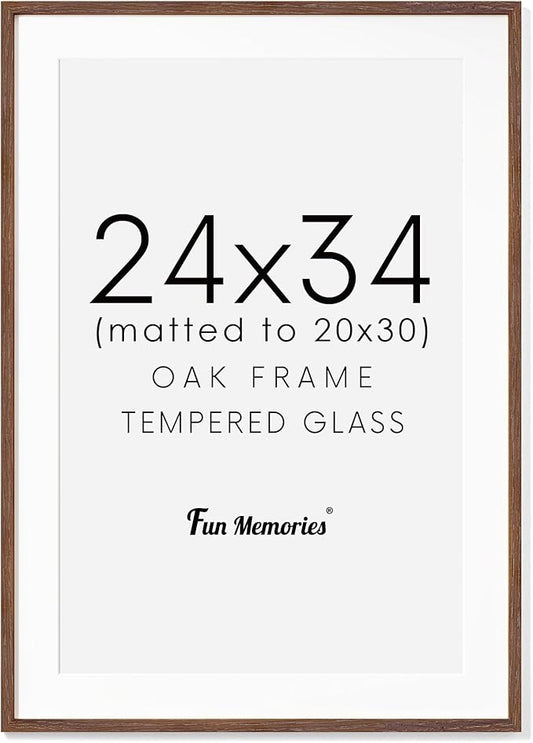 24x34 Oak Wood Picture Frame, 24"x34" Poster Frame for Wall, 24 x 34 Frame with Mat for 20x30, Rustic Wood Frame 24 x 34 with Real Glass, 24 by 34 Large Photo Frame (Walnut Color, 1 Pack)