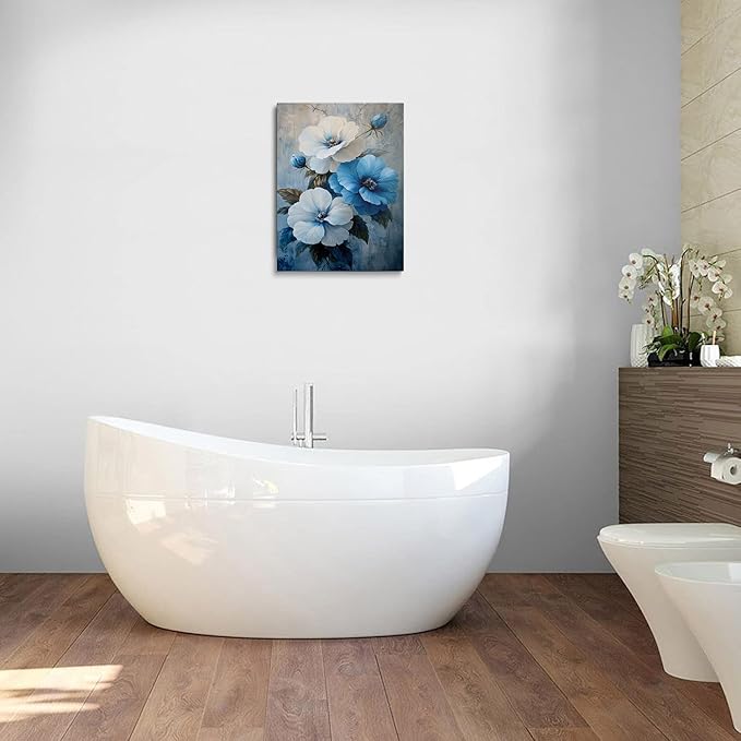 Blue and White Floral Picture Wall Decor Framed Botanical Plant Rustic Flower Canvas Wall Art Modern Pop Prints Poster Western Country Farmhouse Painting for Bathroom Living Room Bedroom (12"x16")