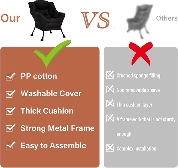 Lazy Chair for Living Room, Modern Accent Chairs with Armrests, Comfy Lounge Chair with Side Pocket, Cozy Lazy Sofa for Reading, Balcony, Bedroom, Dorm, Small Spaces (Black)