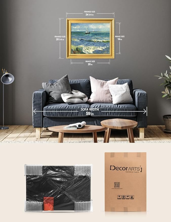 DECORARTS - The Sea at Les Saintes-Maries-de-la-Mer by Vincent Van Gogh. Giclee Print on Acid-Free Canvas in Gold Solid Wood Frame. Picture Size: 20x16, Total Size: 24.75x20.75, Made in USA