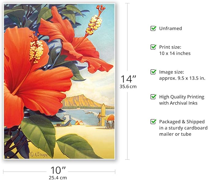 Hibiscus Beach Day - Waikiki Beach - Red Hibiscus - Vintage Hawaiian Travel Poster by Kerne Erickson - Master Art Print 10in x 14in