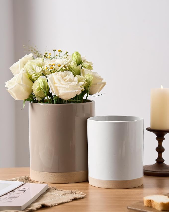 famiware Milkyway Kitchen Utensil Holder for Countertop, Ceramic Cooking Utensil Crocks for Kitchen Counter, Utensil Organizer for Spatula & Spoon, Set of 2, Cinnamon Brown and White