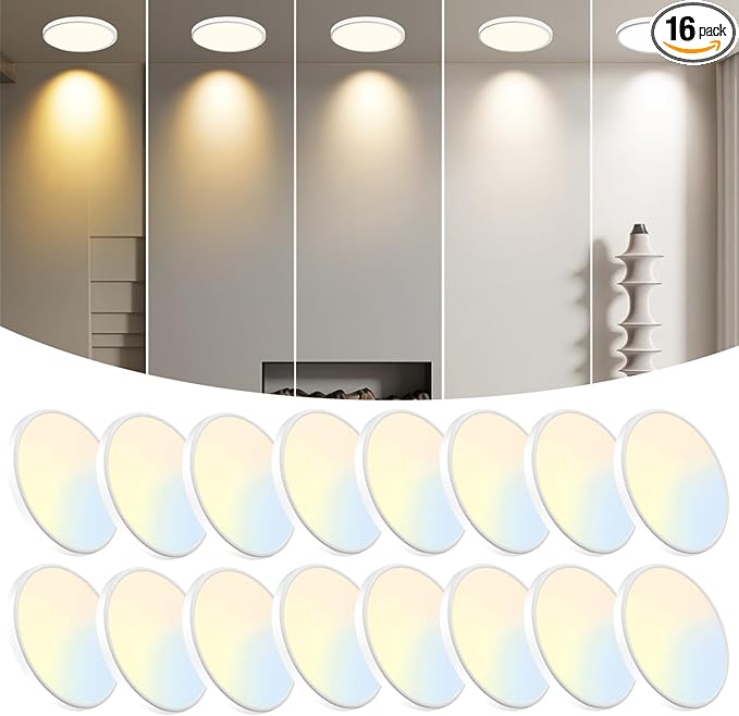 16-Pack 7.5Inch LED Ceiling Lights, 5 Colors Selectable Flush Mount Ceiling Lights, Ultra Thin LED Ceiling Lights Fixtures 0.87Inch for Dinning Room