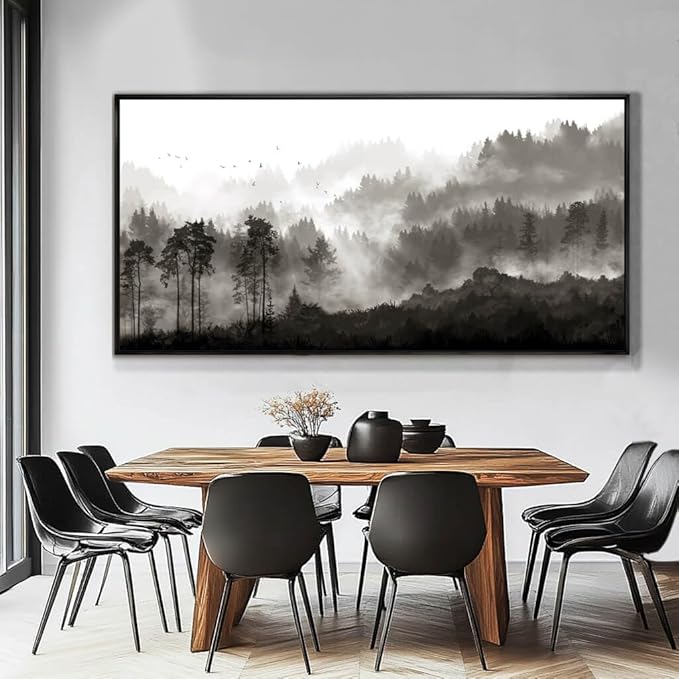 Large Wall Art Framed Mountains Canvas Wall Art Black And White Wall Decorations Bedroom Wall Decor Forest Pictures Artwork for Living Room Dining Room 29”x58”
