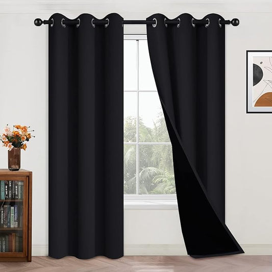 Yakamok 100% Blackout Curtains Energy Saving Thermal Insulated 2 Thick Layers Completely Blackout Drapes with Black Liner for Bedroom(42Wx84L,Black, 2 Panels)