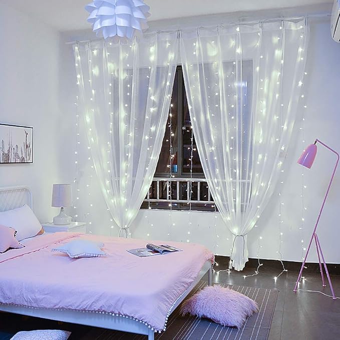 YEOLEH String Lights Curtain,USB Powered Fairy Lights for Bedroom Wall Party,8 Modes & IP64 Waterproof Ideal for Outdoor Wedding Decor (White,7.9Ft x 5.9Ft)