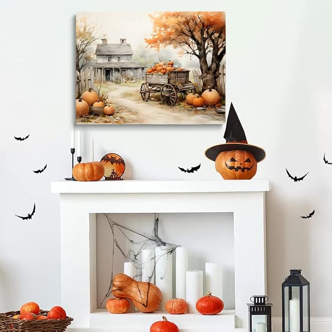 Generic Autumn Farmhouse Sketch posters Gallery Canvas Print Wall Art Vintage Farmhouse Decor Autumn Art Fall Landscape Pumpkin Decoration 12x16""Unframed