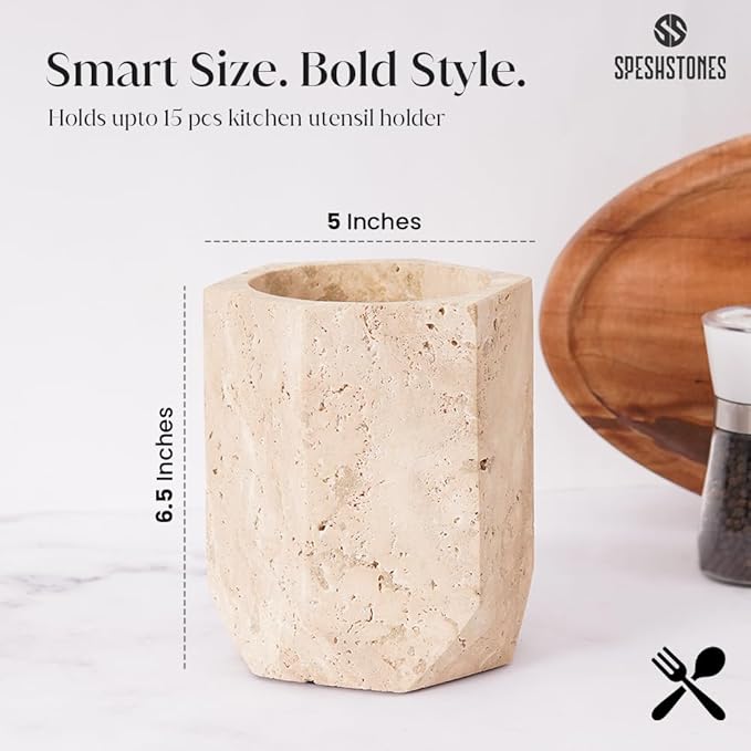 Marble Utensil Holder 6.5 Inch Travertine Cooking Utensil Crock for Countertop Storage, Modern Stone Utensils Caddy, Spoon & Spatula Organizer for Farmhouse Kitchen Decor