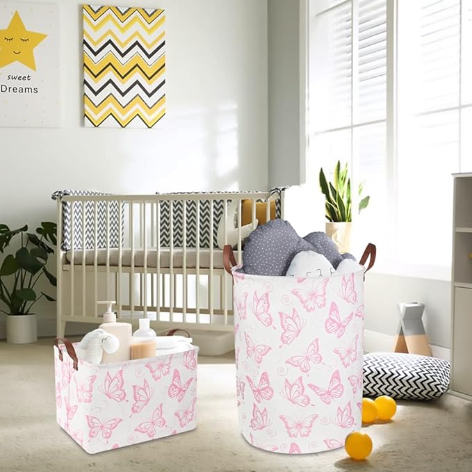 CLOCOR Rectangular Pink Basket, Collapsible Storage Bin, Waterproof Storage Box with Handles, Gift Organizer, Shelf Basket(Pink Butterfly)