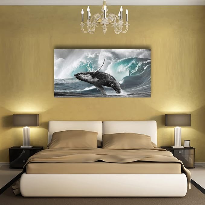 Surging Waves Whale Pictures Canvas Wall Art For Living Room Bedroom Wall Decor,Surge Wall Art Print Paitnings for Home Decor,Morden Artwork Seascape Canvas Art Waterproof Ready to Hang-20X40Inches